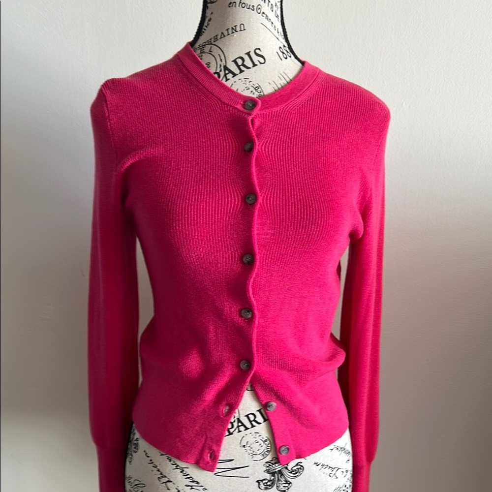 Bright Pink Fitted Cardigan Sweater with Long Sleeves